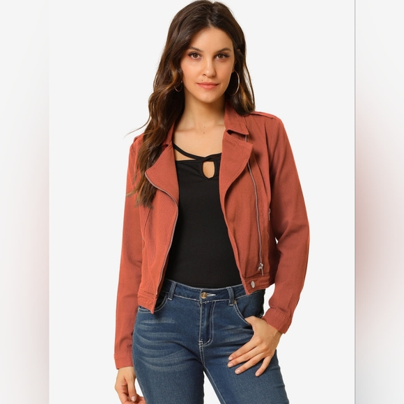 NWT Allegra K Brick Red Biker Notched Lapel Asymmetric Zip Moto Denim Jackets - Picture 1 of 10